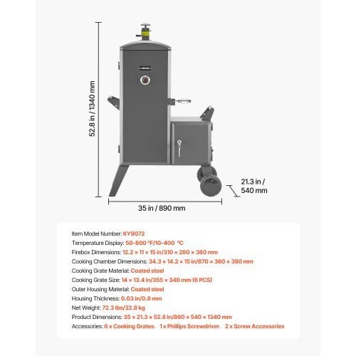 Charcoal Offset Smoker, Heavy-Duty Steel BBQ Offset Smoker with Side Firebox, Movable Outdoor Barbecue Smokers with 6 Adjustable Grates, Thermometer & Air Vents for Backyard Patio Party Cooking