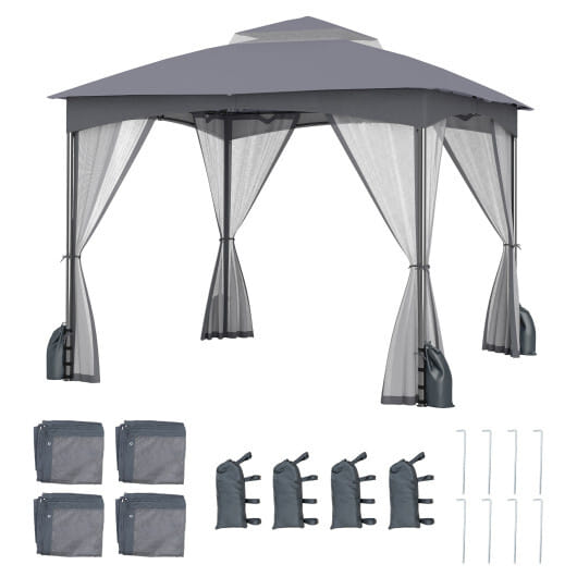 10 X 10 FT Heavy-Duty Patio Gazebo with Netting Walls and 4 Sandbags-Gray - Color: Gray