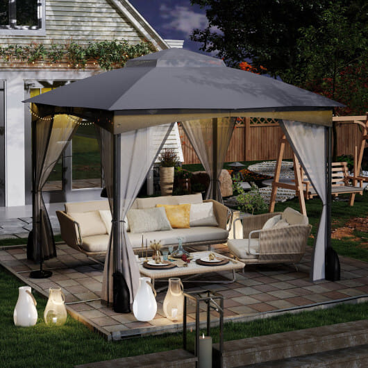 10 X 10 FT Heavy-Duty Patio Gazebo with Netting Walls and 4 Sandbags-Gray - Color: Gray