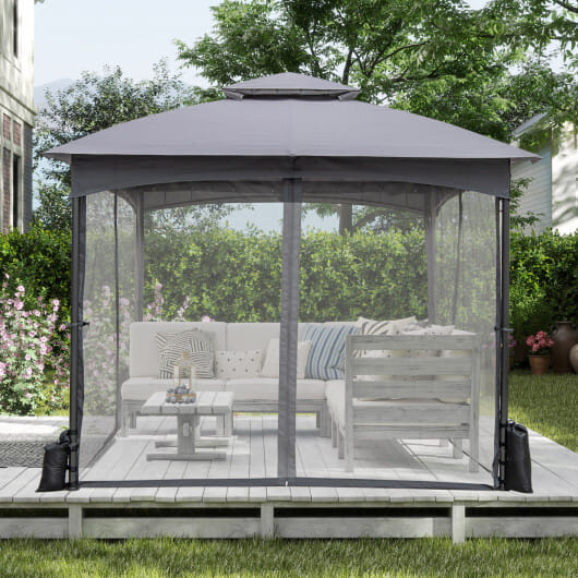 10 X 10 FT Heavy-Duty Patio Gazebo with Netting Walls and 4 Sandbags-Gray - Color: Gray