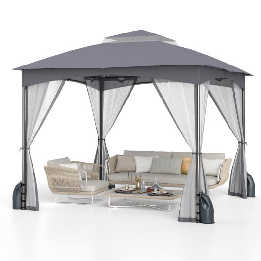 10 X 10 FT Heavy-Duty Patio Gazebo with Netting Walls and 4 Sandbags-Gray - Color: Gray