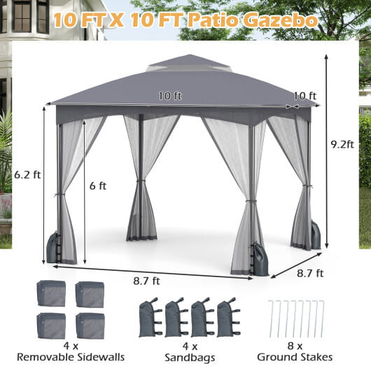 10 X 10 FT Heavy-Duty Patio Gazebo with Netting Walls and 4 Sandbags-Gray - Color: Gray