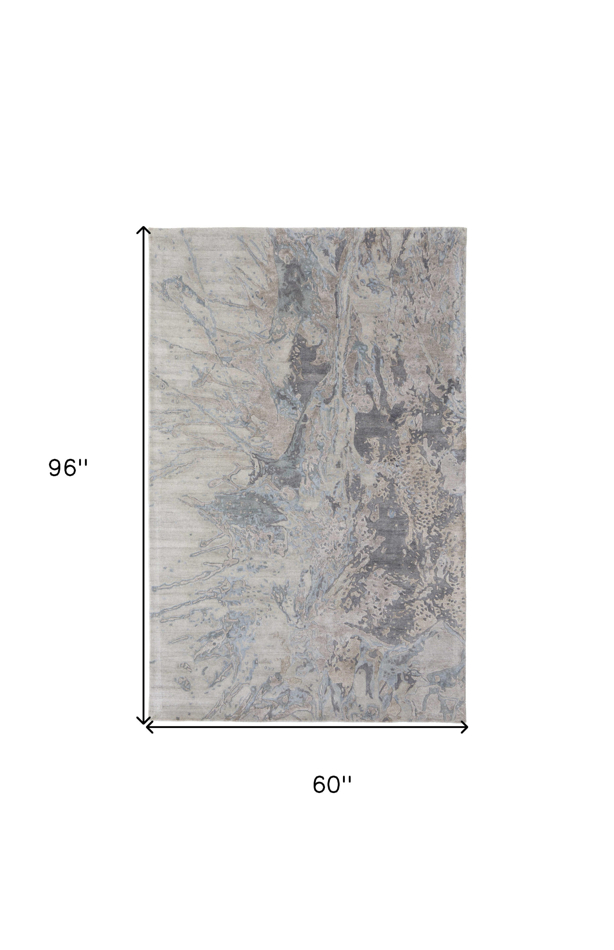 5' X 8' Gray Tan and Green Abstract Hand Tufted Worn Faded Area Rug