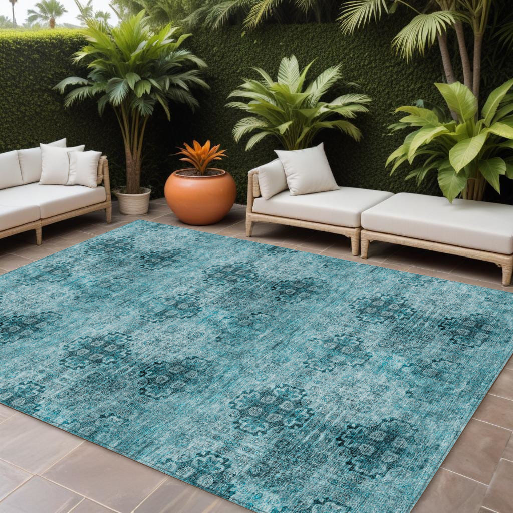 8' X 10' Teal Floral Medallion Washable Non Skid Indoor Outdoor Area Rug