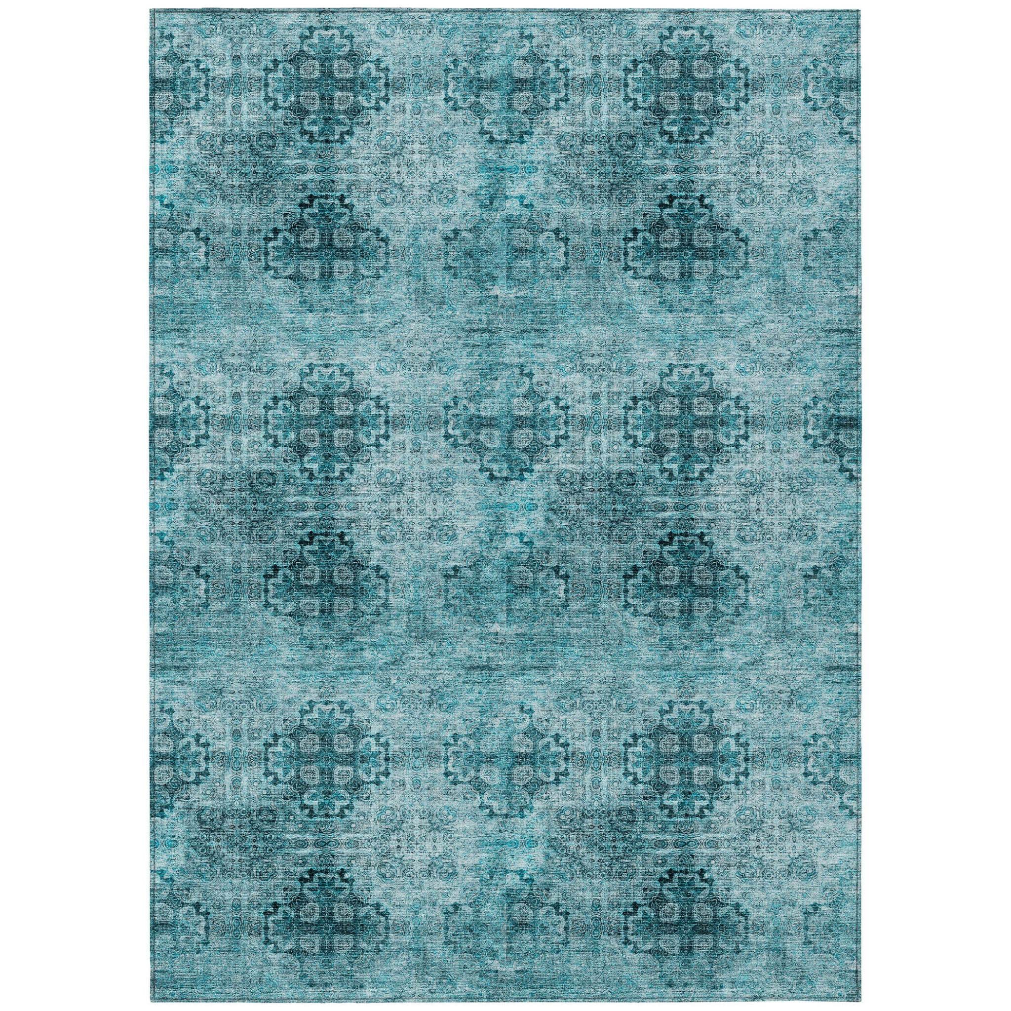 8' X 10' Teal Floral Medallion Washable Non Skid Indoor Outdoor Area Rug