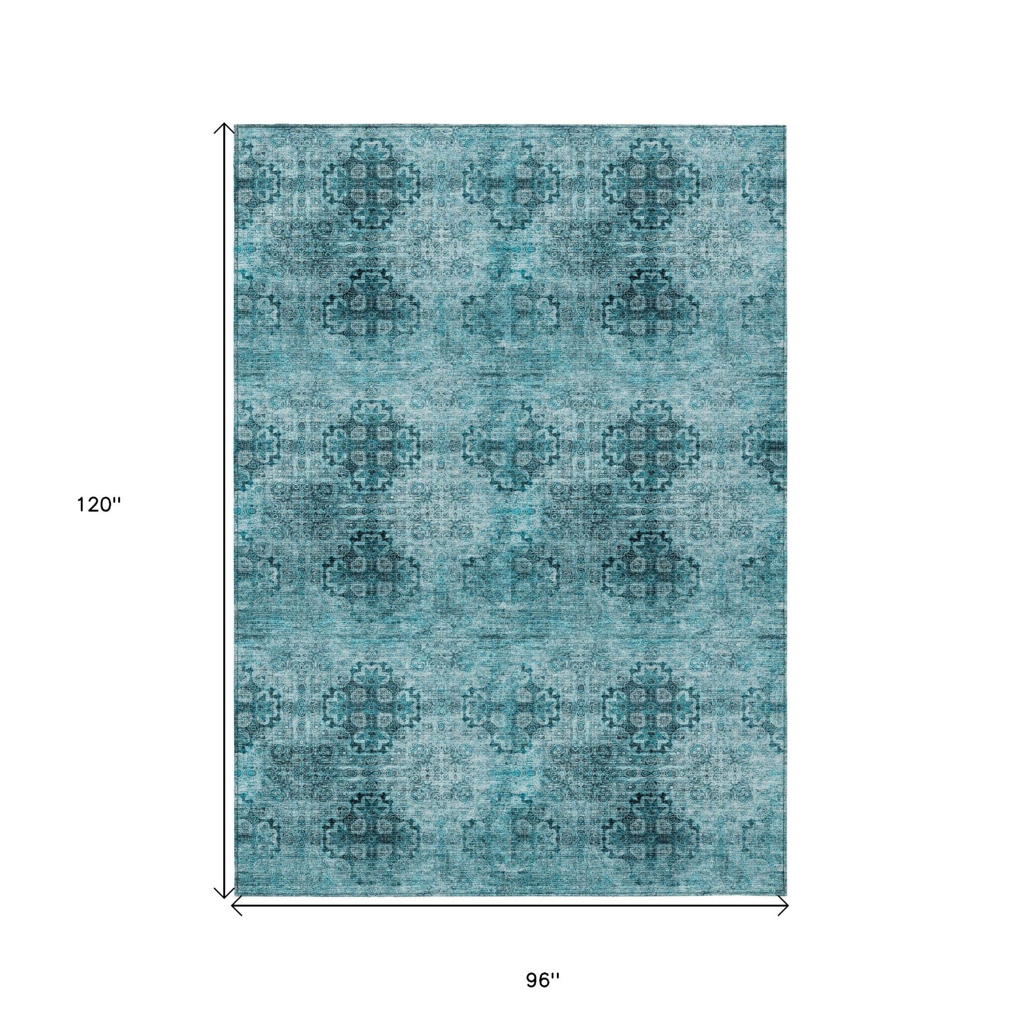 8' X 10' Teal Floral Medallion Washable Non Skid Indoor Outdoor Area Rug
