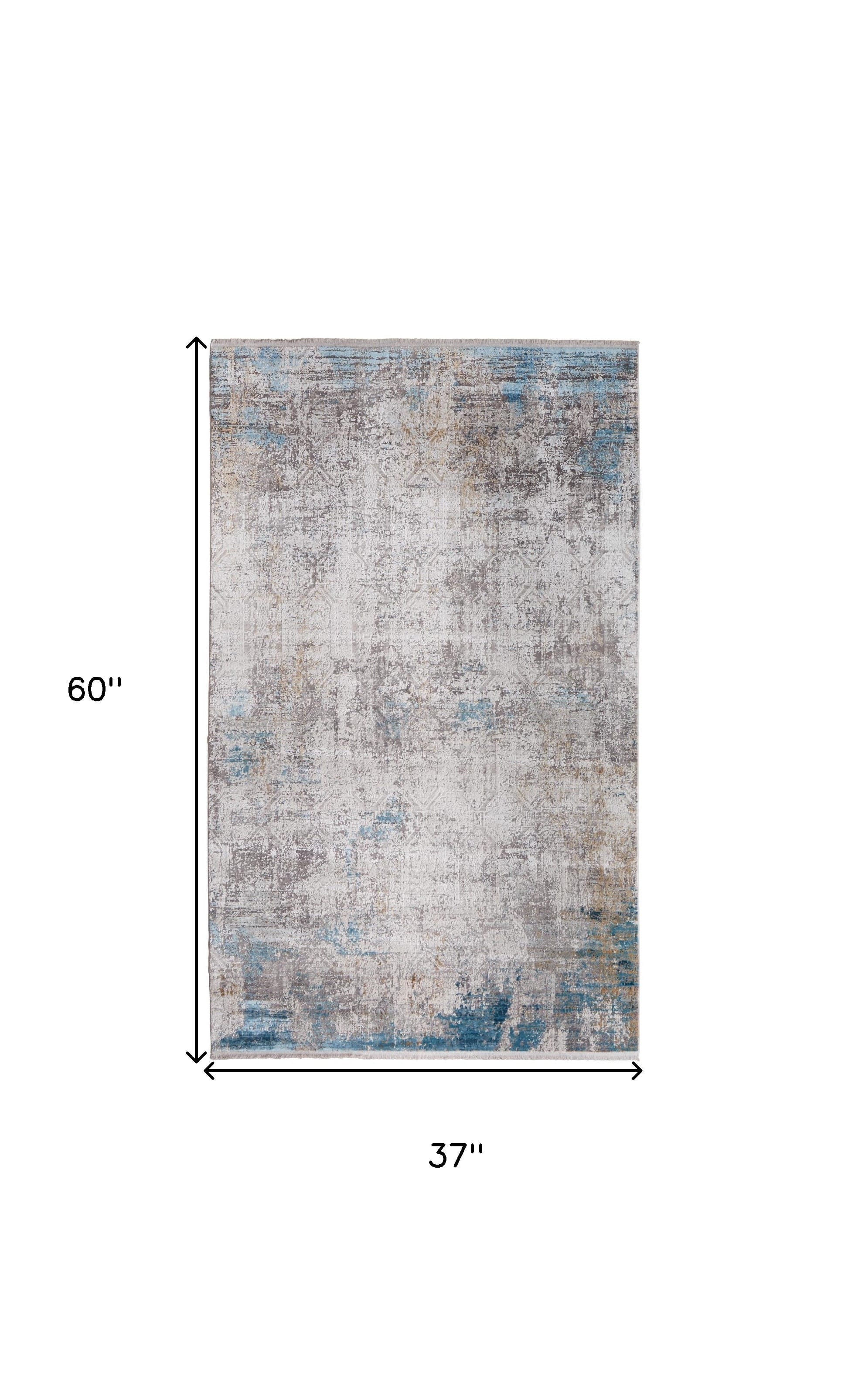 3' X 5' Ivory Gray and Blue Abstract Power Loom Area Rug With Fringe