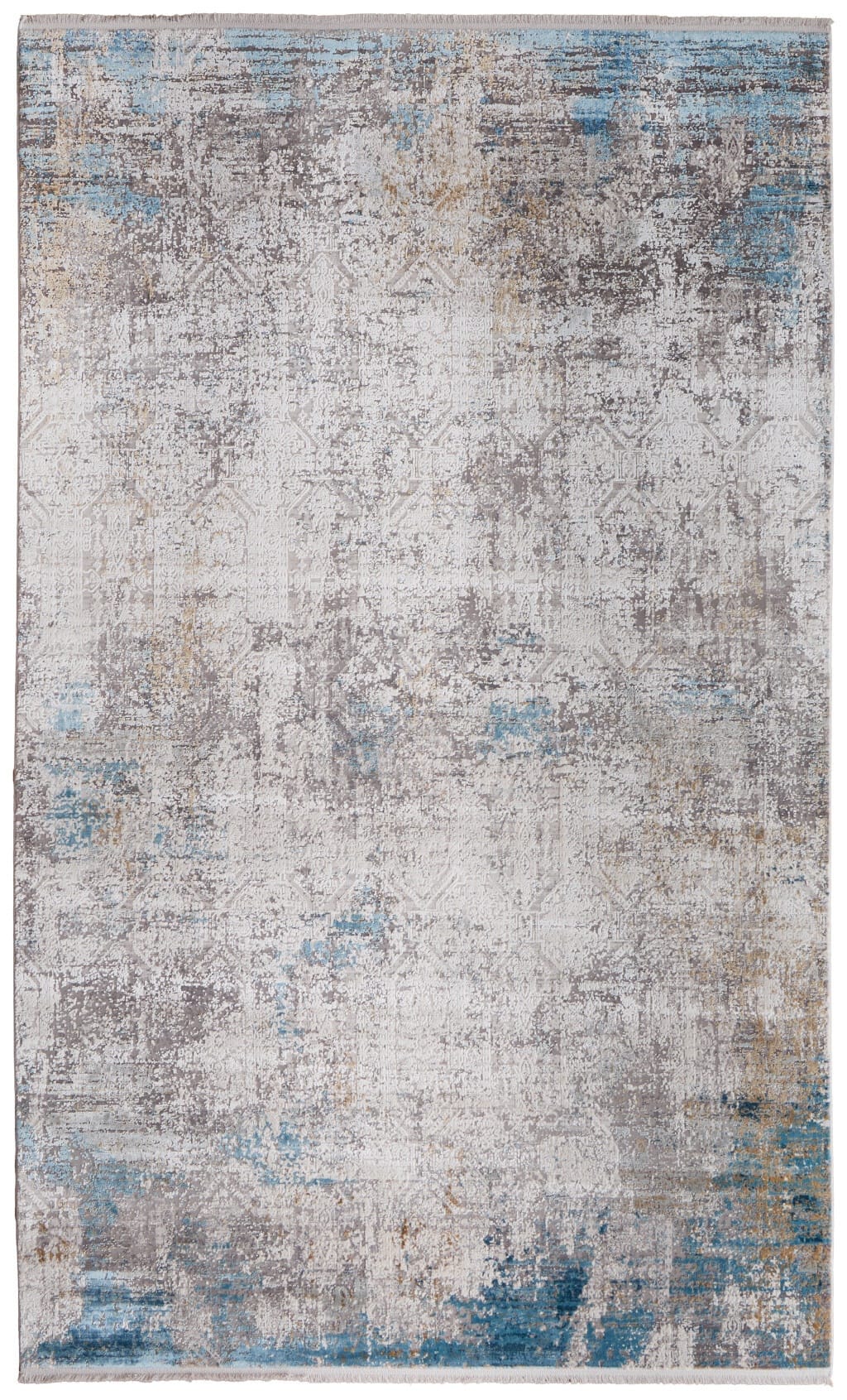 3' X 5' Ivory Gray and Blue Abstract Power Loom Area Rug With Fringe