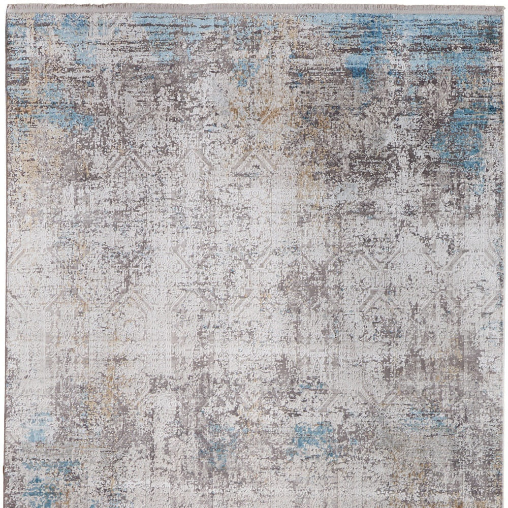 3' X 5' Ivory Gray and Blue Abstract Power Loom Area Rug With Fringe