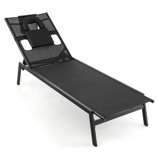 Patio Sunbathing Lounge Chair 5-Position Adjustable Tanning Chair-Black - Color: Black
