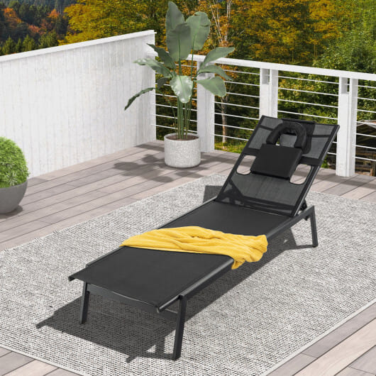 Patio Sunbathing Lounge Chair 5-Position Adjustable Tanning Chair-Black - Color: Black