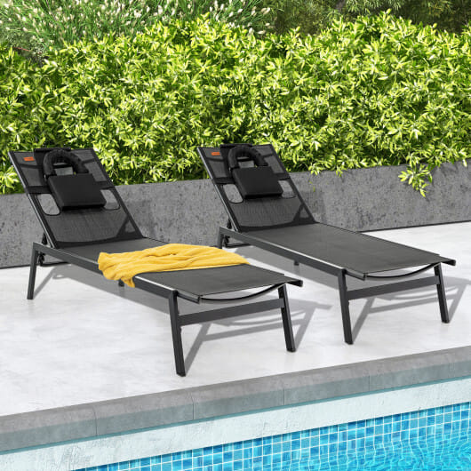Patio Sunbathing Lounge Chair 5-Position Adjustable Tanning Chair-Black - Color: Black
