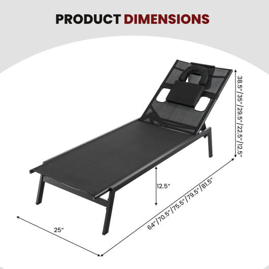 Patio Sunbathing Lounge Chair 5-Position Adjustable Tanning Chair-Black - Color: Black