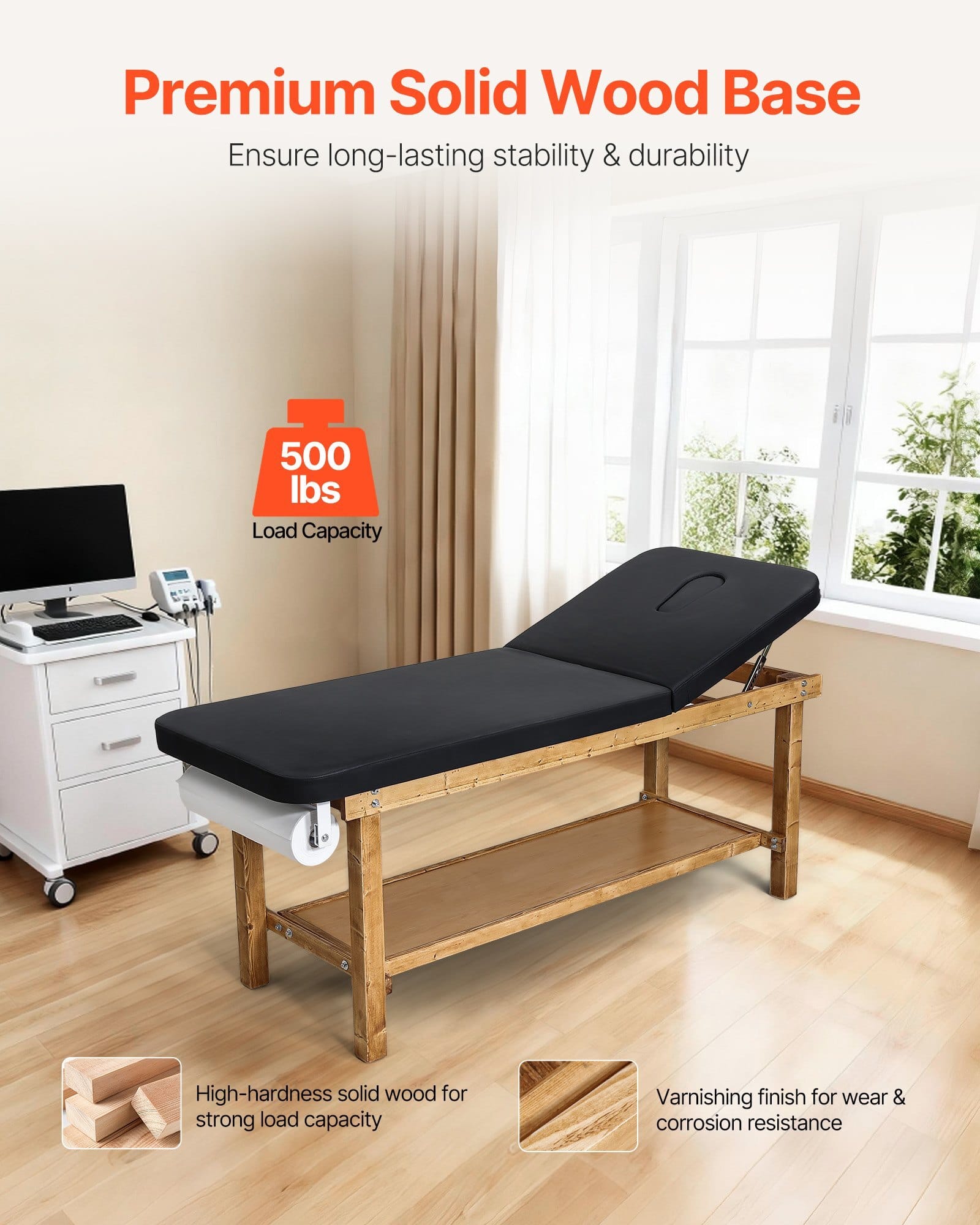 Medical Exam Table, Wooden Framed Medical Examination Bed, Physical Therapy Exam Table with Adjustable Backrest, Storage Shelf & Paper Roll Dispenser for Hospitals Clinics Rehab Centers, 500LBS