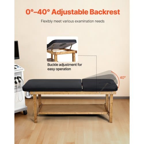 Medical Exam Table, Wooden Framed Medical Examination Bed, Physical Therapy Exam Table with Adjustable Backrest, Storage Shelf & Paper Roll Dispenser for Hospitals Clinics Rehab Centers, 500LBS