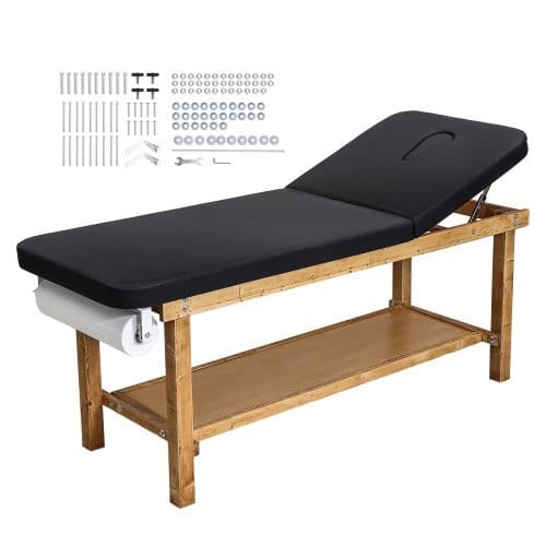Medical Exam Table, Wooden Framed Medical Examination Bed, Physical Therapy Exam Table with Adjustable Backrest, Storage Shelf & Paper Roll Dispenser for Hospitals Clinics Rehab Centers, 500LBS