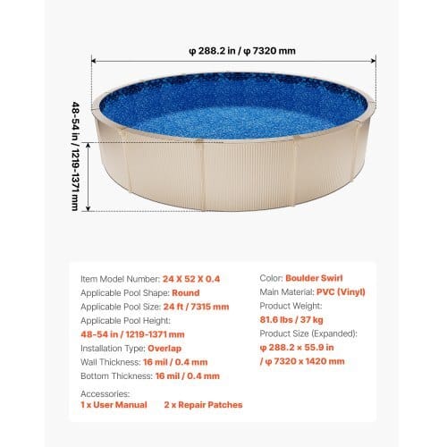 24ft Pool Liner, Round Overlap Swimming Pool Liner for 52 in Wall Height, Premium Vinyl, Easy Install with Leak-Proof Patches, Designed for Steel Sided Above-Ground,Outdoor, Boulder Swirl
