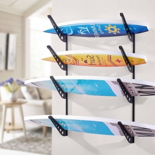 Surfboard Wall Mount, 4 Tiers Horizontal Surfboard Rack for Storage and Display, Adjustable Height Metal Board Stand Organizer, Surf Board Holder for Snowboards, Kiteboards, Shortboard, Skis