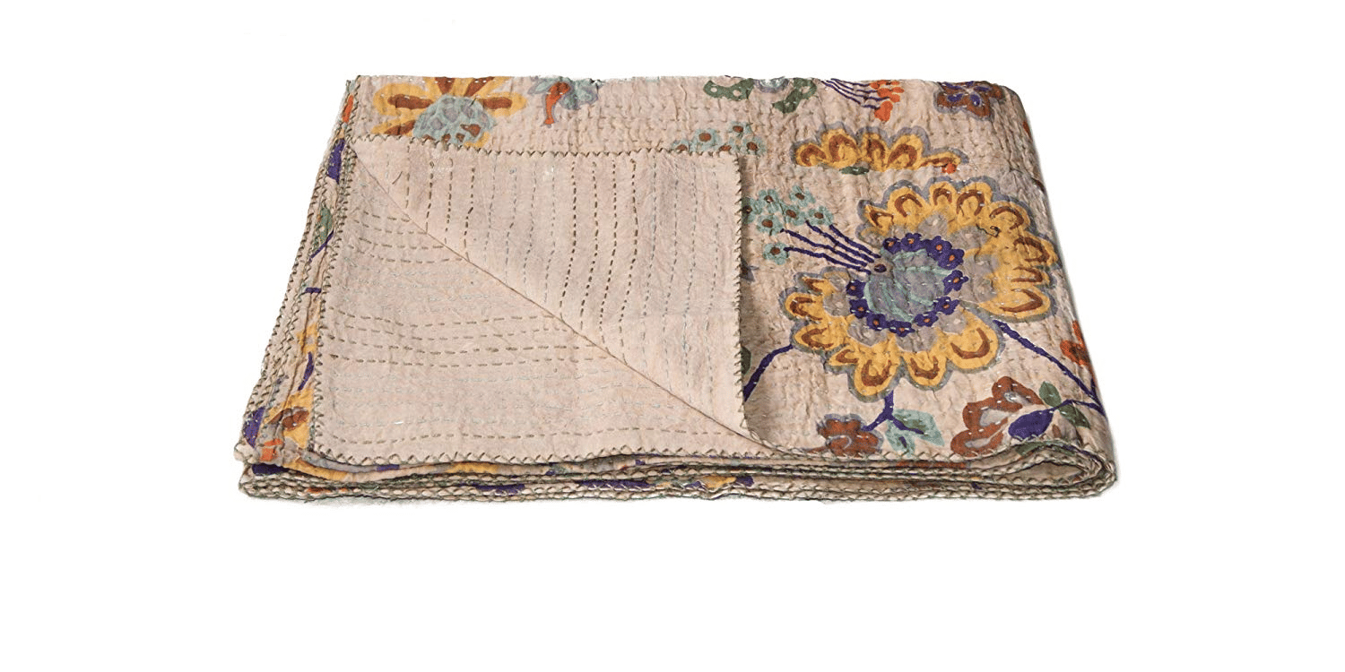 50" X 70" Beige Pink Orange and Green Cotton Kantha Floral Throw Throw Blanket with Embroidery