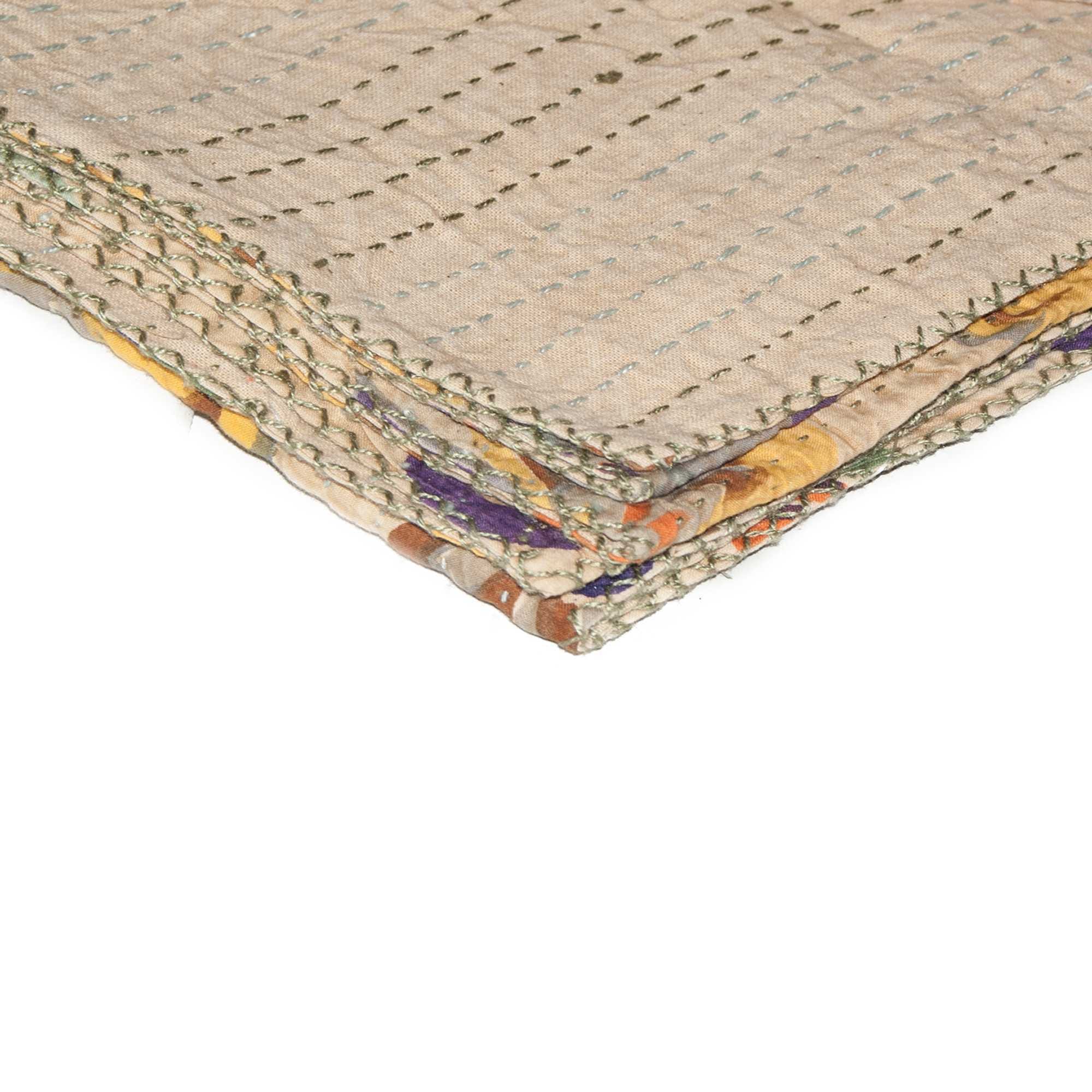 50" X 70" Beige Pink Orange and Green Cotton Kantha Floral Throw Throw Blanket with Embroidery