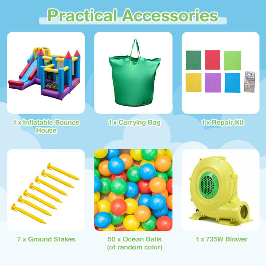 4-in-1 Kids Bouncer with Long Slide and Jumping Area for Yard and Lawn with 680W Blower