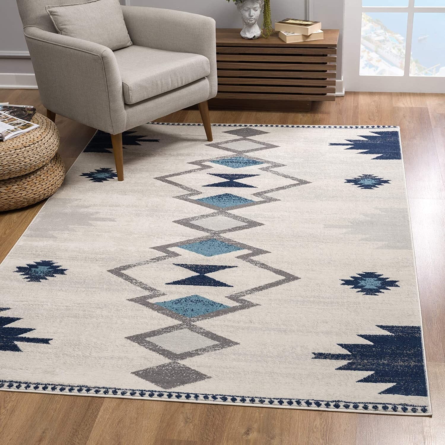 6' X 9' Blue and Ivory Southwestern Area Rug