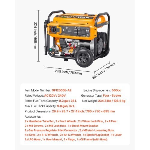 Portable Generator, Gasoline 13500W Peak Watt & LPG 12000W Peak Watt Dual Fuel Generator, Home Backup Generators with Electric Start, Gasoline & LPG Powered, CO Sensor, 20A & 50A Outlets