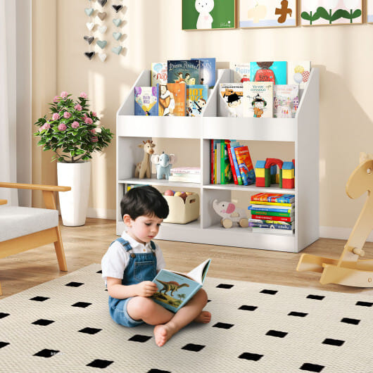 3-Tier Kid's Bookshelf Toy Storage Organizer with Display Rack and 4 Compartments-White - Color: White