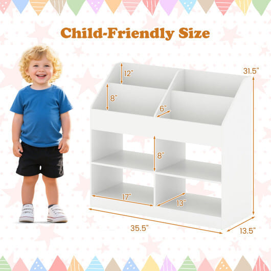 3-Tier Kid's Bookshelf Toy Storage Organizer with Display Rack and 4 Compartments-White - Color: White