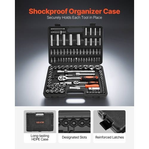 Socket Set, 108 Pieces, 1/4 & 1/2 inch Drive Socket and Ratchet Set, Metric Size from 4 to 32 mm, Mechanic Tool Kit with Bits, Accessories, Storage Case, CR-V Alloy Steel, for Automotive Repair