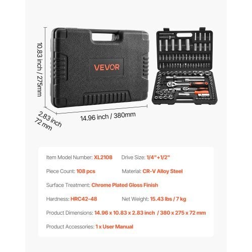 Socket Set, 108 Pieces, 1/4 & 1/2 inch Drive Socket and Ratchet Set, Metric Size from 4 to 32 mm, Mechanic Tool Kit with Bits, Accessories, Storage Case, CR-V Alloy Steel, for Automotive Repair
