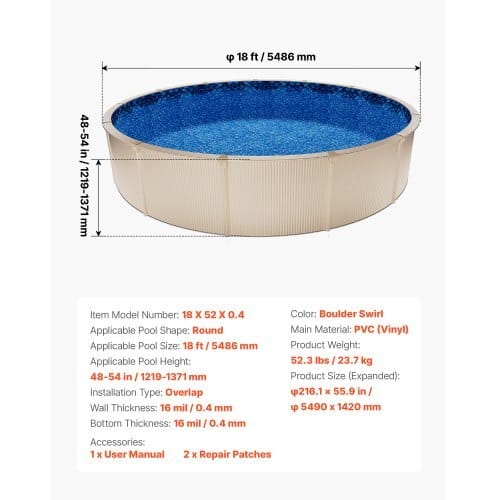 18ft Pool Liner, Round Overlap Swimming Pool Liner for 52 in Wall Height, Premium Vinyl, Easy Install with Leak-Proof Patches, Designed for Steel Sided Above-Ground,Outdoor, Boulder Swirl