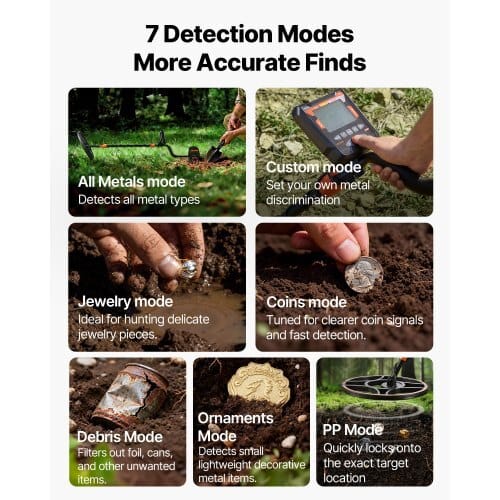 Waterproof Metal Detector, 12", Professional High Accuracy Gold Detector for Adults, with Display, Wireless Headphones, 7 Modes, Adjustable Length, for Detecting Gold Treasure Hunting, IP68