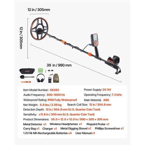 Waterproof Metal Detector, 12", Professional High Accuracy Gold Detector for Adults, with Display, Wireless Headphones, 7 Modes, Adjustable Length, for Detecting Gold Treasure Hunting, IP68