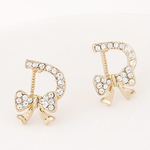 Czech Rhinestone Embellished Bowknot Character D design Fashion Ear Studs