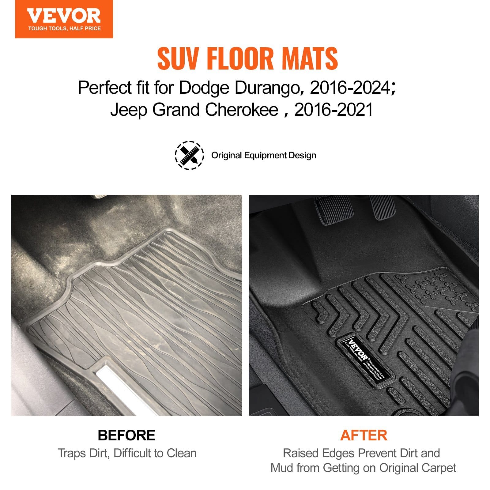 Automotive Floor Mats, Fits for Dodge Durango / Jeep Grand Cherokee 2016-2024 / 2016-2021, 3 pcs Front and 2nd Row Liners, All Weather Custom Fit TPE Vehicle Floor Mats, Easy to Clean, Black