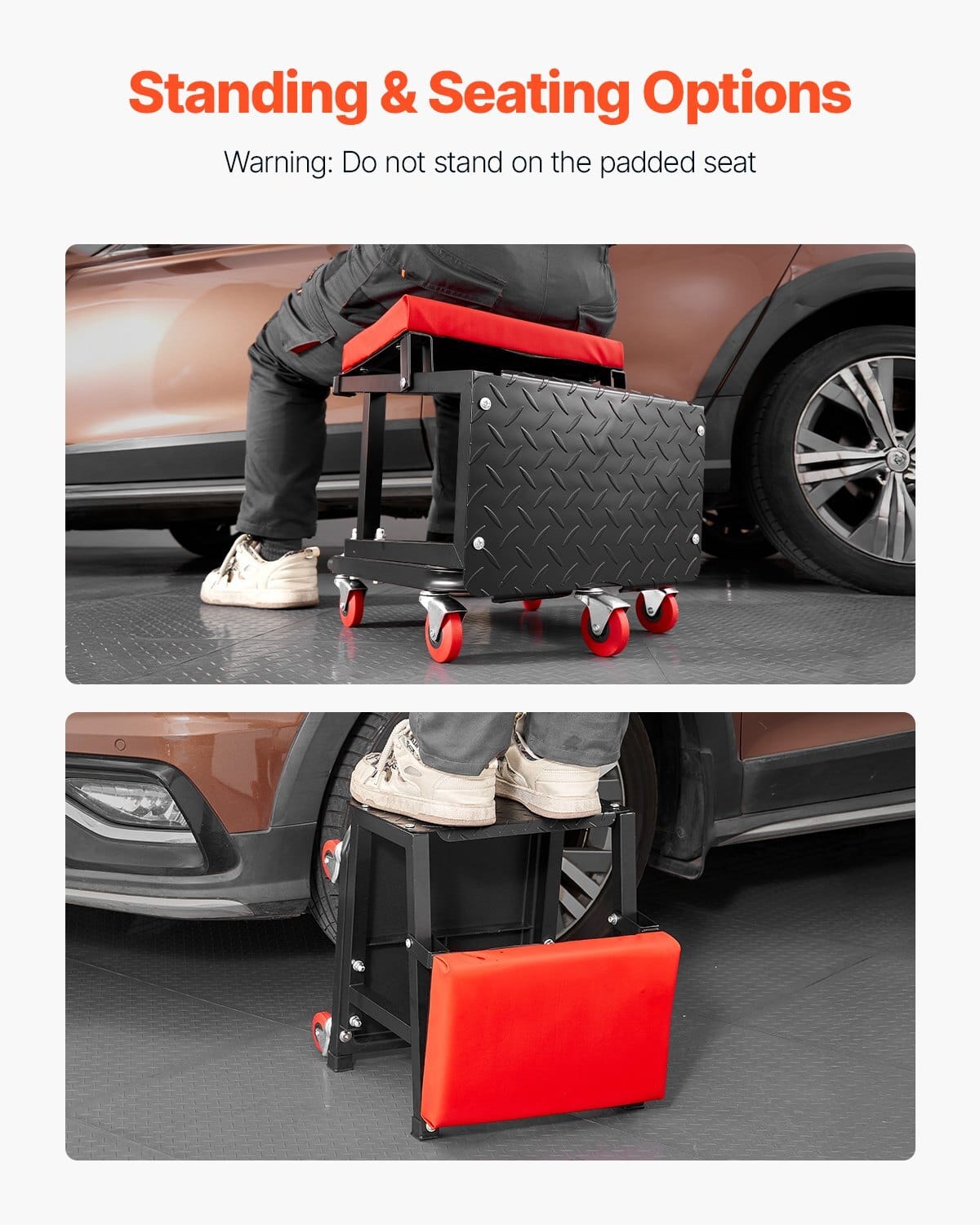 Mechanic Stool, 300 lbs Capacity Garage Seat/Work Stool with Wheels, 360?° Swivel Rolling Workshop Stool with Tool Tray, Mechanics Creeper Seat/Step Stool, for Garage, Shop & Auto Repair, Black