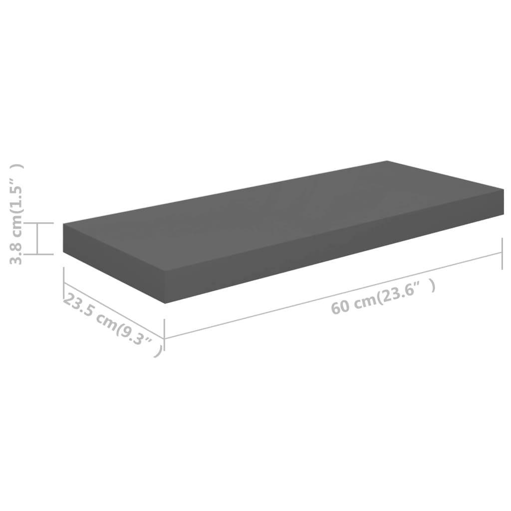 Floating Wall Shelf High Gloss Gray 23.6"x9.3"x1.5" MDF