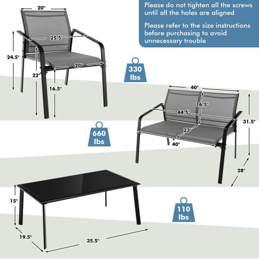4 Pieces Patio Furniture Set with Armrest Loveseat Sofas and Glass Table Deck-Gray - Color: Gray
