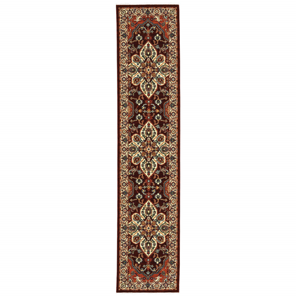 2' X 10' Red And Ivory Oriental Power Loom Runner Rug With Fringe