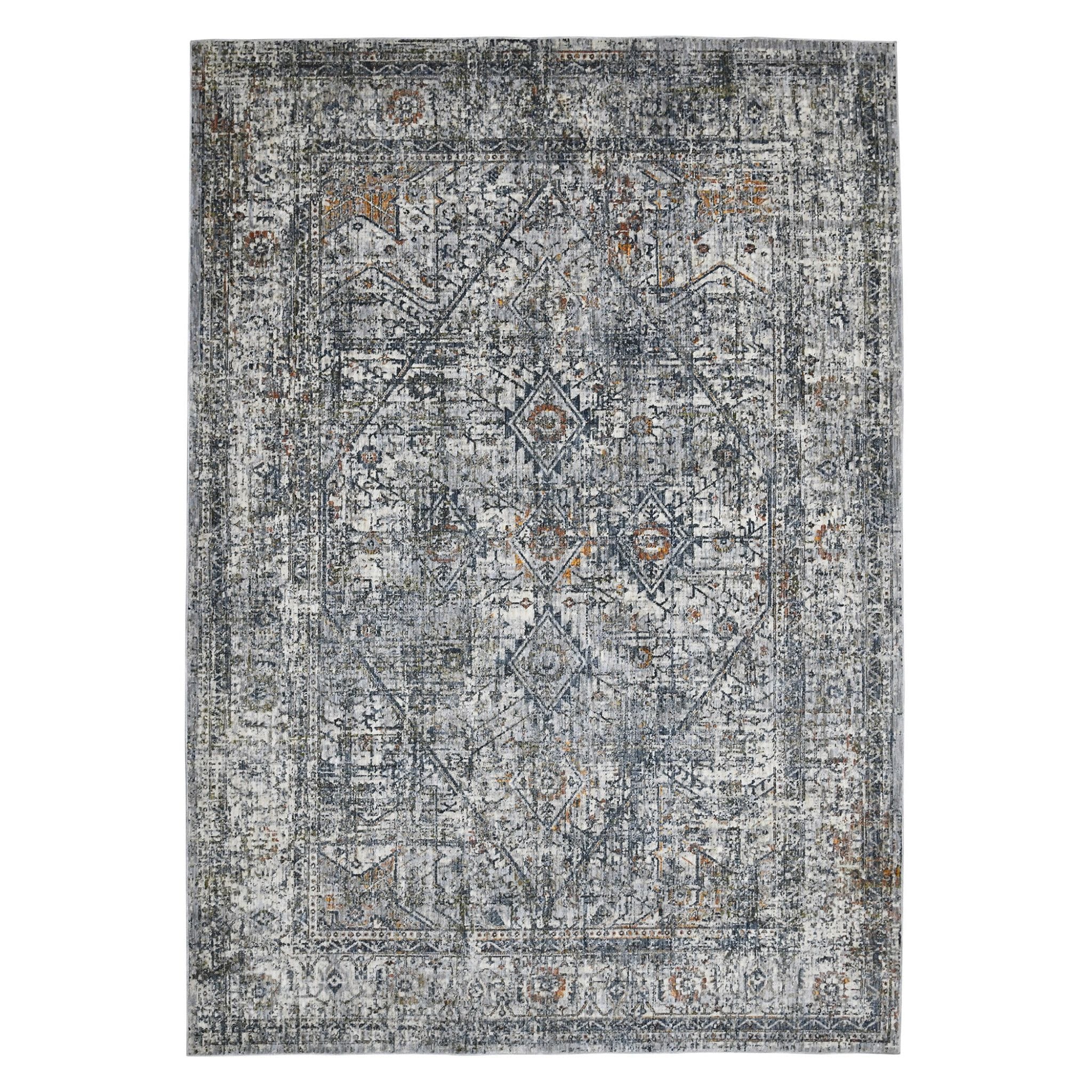 8' X 10' Ivory Navy and Orange Oriental Power Loom Area Rug