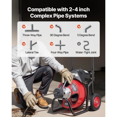 Drain Cleaner Machine 50 FT x 3/8 Inch, Auto Feed Sewer Snake Auger on Wheels, Portable Drain Cleaning Machine with 4 Cutters & Air-activated Foot Switch for 2" to 4" Pipes