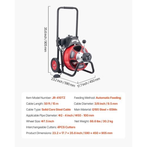 Drain Cleaner Machine 50 FT x 3/8 Inch, Auto Feed Sewer Snake Auger on Wheels, Portable Drain Cleaning Machine with 4 Cutters & Air-activated Foot Switch for 2" to 4" Pipes