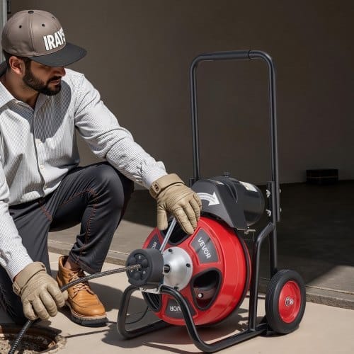 Drain Cleaner Machine 50 FT x 3/8 Inch, Auto Feed Sewer Snake Auger on Wheels, Portable Drain Cleaning Machine with 4 Cutters & Air-activated Foot Switch for 2" to 4" Pipes