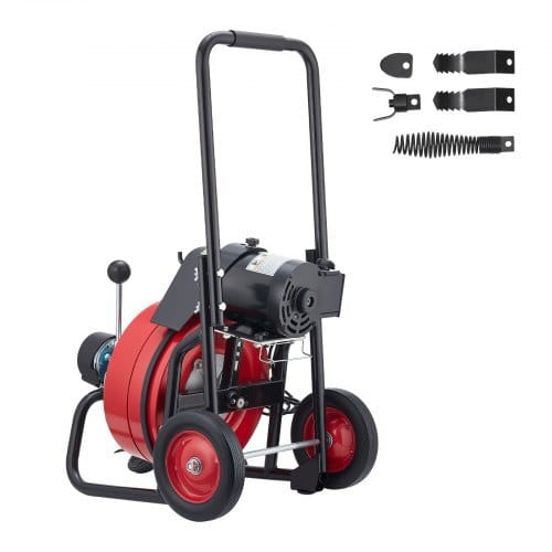 Drain Cleaner Machine 50 FT x 3/8 Inch, Auto Feed Sewer Snake Auger on Wheels, Portable Drain Cleaning Machine with 4 Cutters & Air-activated Foot Switch for 2" to 4" Pipes