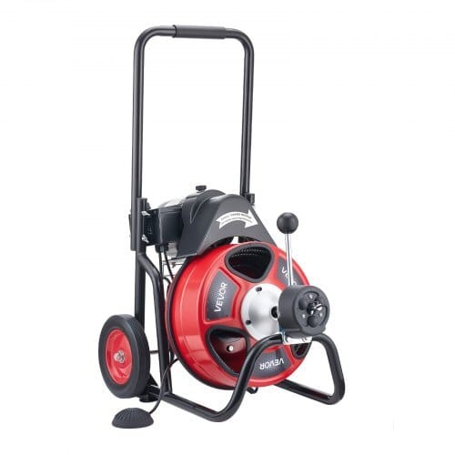 Drain Cleaner Machine 50 FT x 3/8 Inch, Auto Feed Sewer Snake Auger on Wheels, Portable Drain Cleaning Machine with 4 Cutters & Air-activated Foot Switch for 2" to 4" Pipes
