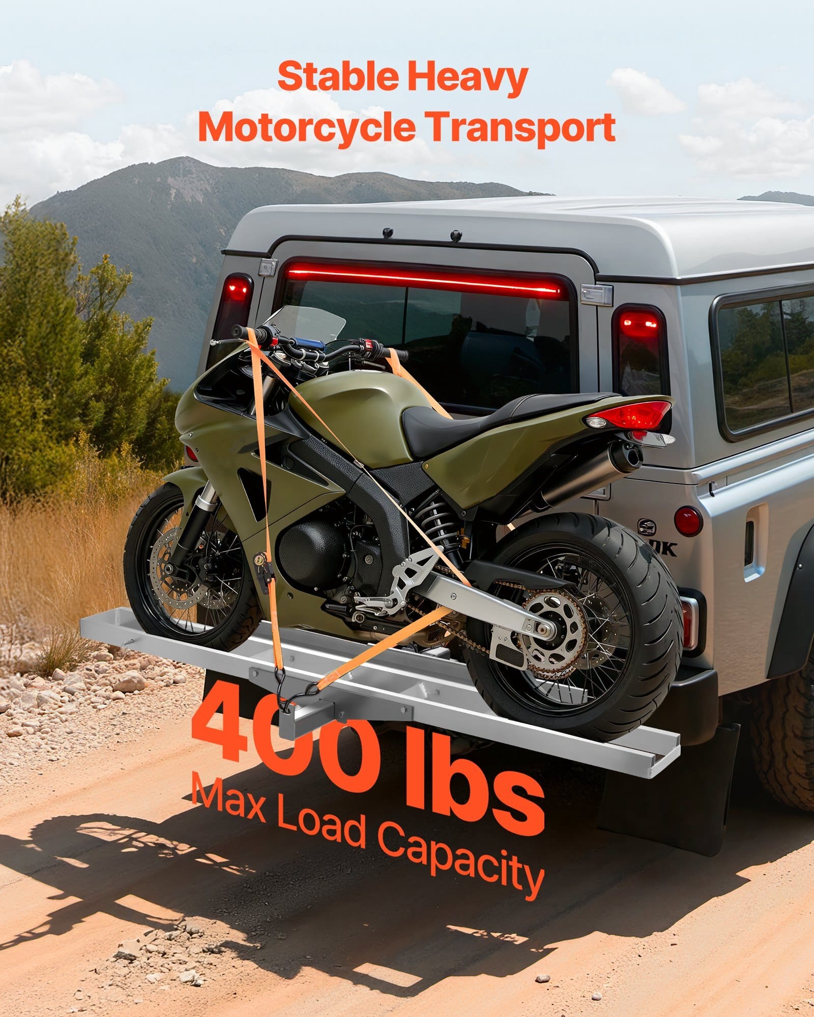 Motorcycle Carrier, 400 lbs Capacity, Heavy Duty Aluminum Hitch Mount Rack with 47in Loading Ramp, Straps & Stabilizer, Scooter Dirt Bike Trailer Hauler for Car Truck with 2-Inch Hitch Receiver