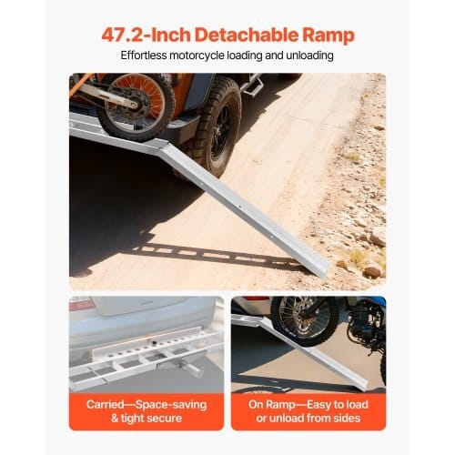 Motorcycle Carrier, 400 lbs Capacity, Heavy Duty Aluminum Hitch Mount Rack with 47in Loading Ramp, Straps & Stabilizer, Scooter Dirt Bike Trailer Hauler for Car Truck with 2-Inch Hitch Receiver
