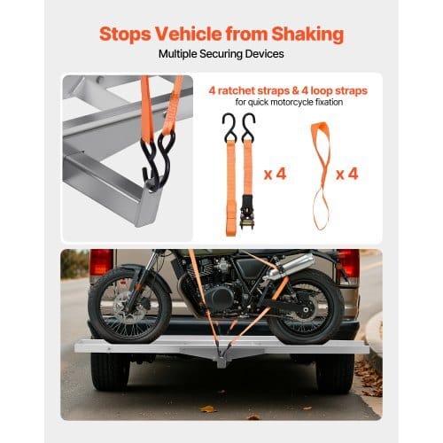 Motorcycle Carrier, 400 lbs Capacity, Heavy Duty Aluminum Hitch Mount Rack with 47in Loading Ramp, Straps & Stabilizer, Scooter Dirt Bike Trailer Hauler for Car Truck with 2-Inch Hitch Receiver