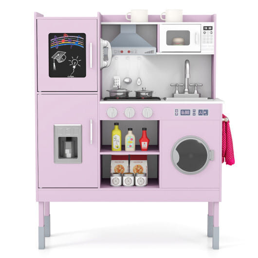 Pretend Play Kitchen Toy Kitchen Playset with Range Hood Ice Maker and Telephone-Pink - Color: Pink